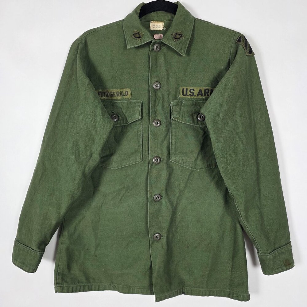 Vintage 70s US Army 0G-107 Sateen Military Mens 14.5x31 Green Button Shirt
